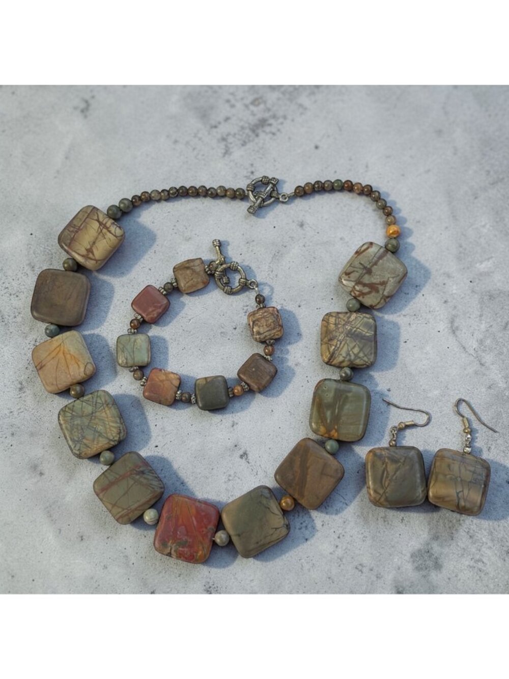 Vintage Jasper Stone Necklace Earthy Square Beads With Toggle Clasp Handmade - Picture 7 of 7
